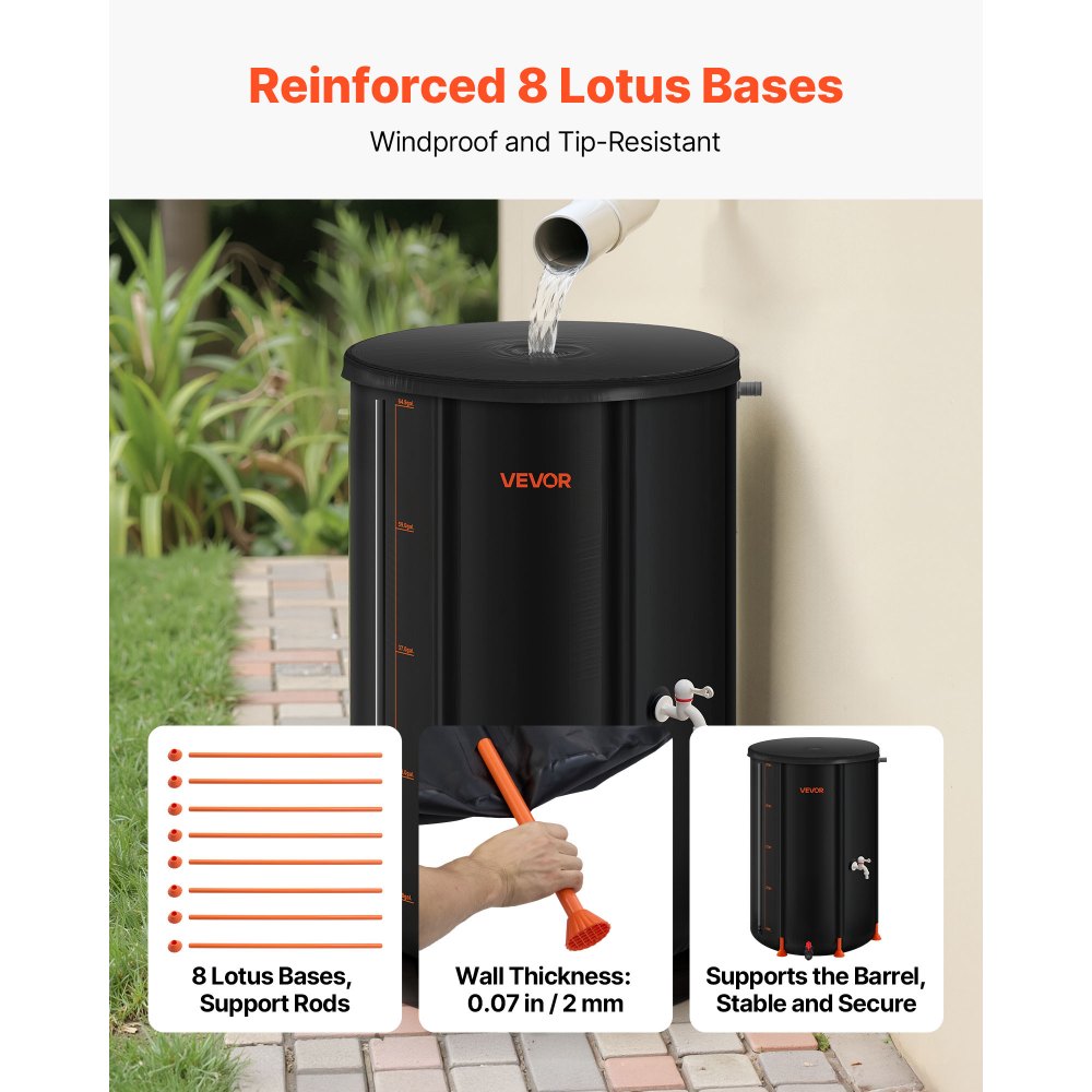 VEVOR Collapsible Rain Barrel, 250 L Portable Rain Water Collection Barrel, 500D PVC Rainwater Collection System, Garden Water Catcher Tank Storage Container with Spigot & Overflow Kit, Black