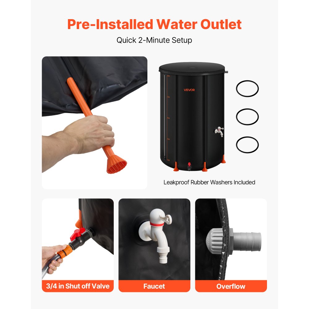 VEVOR Collapsible Rain Barrel, 250 L Portable Rain Water Collection Barrel, 500D PVC Rainwater Collection System, Garden Water Catcher Tank Storage Container with Spigot & Overflow Kit, Black