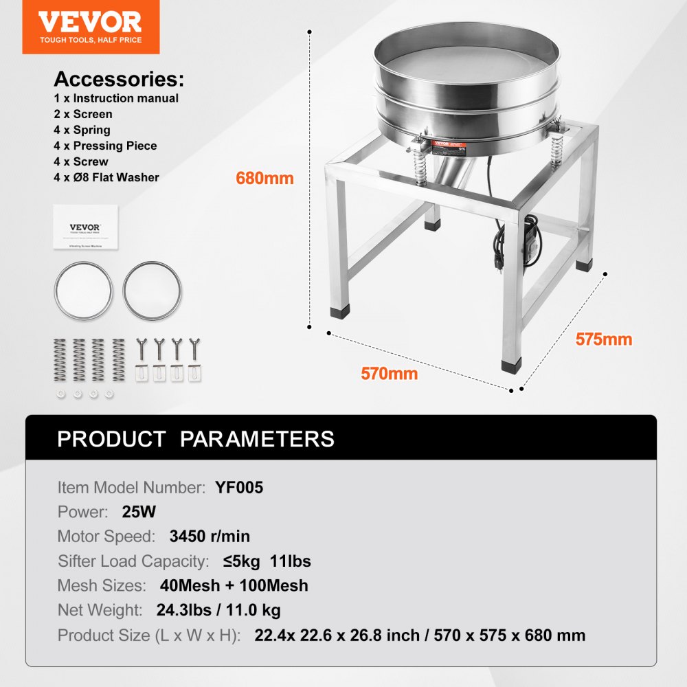 VEVOR Sieving Machine, Electric Flour Sieve, Vibrating Sieve Machine, Automatic Sieve for Sieving 40 + 100 Mesh, 25W Powder Sieve Machine, Vibrating Sieve Machine for Flour, Mung Beans, Rice, Silver