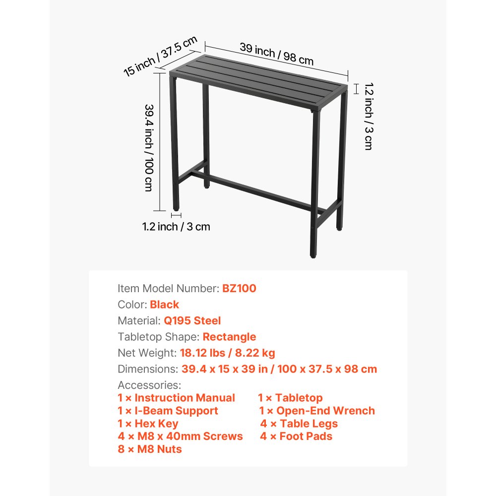 VEVOR Tavolo Alto da Bar per Esterni 100 x 37,5 cm, Tavolino da Pranzo Rettangolare Piano Impermeabile, Struttura in Metallo, Tavolo da Giardino Cortile, Terrazza, Bordo Piscina, Soggiorno