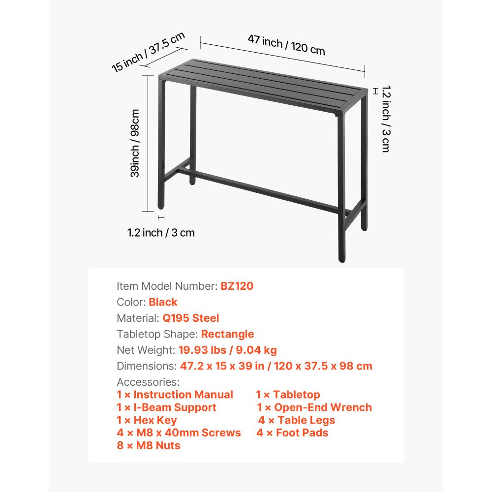 VEVOR Tavolo Alto da Bar per Esterni 120 x 37,5 cm, Tavolino da Pranzo Rettangolare Piano Impermeabile, Struttura in Metallo, Tavolo da Giardino Cortile Terrazza, Bordo Piscina, Soggiorno