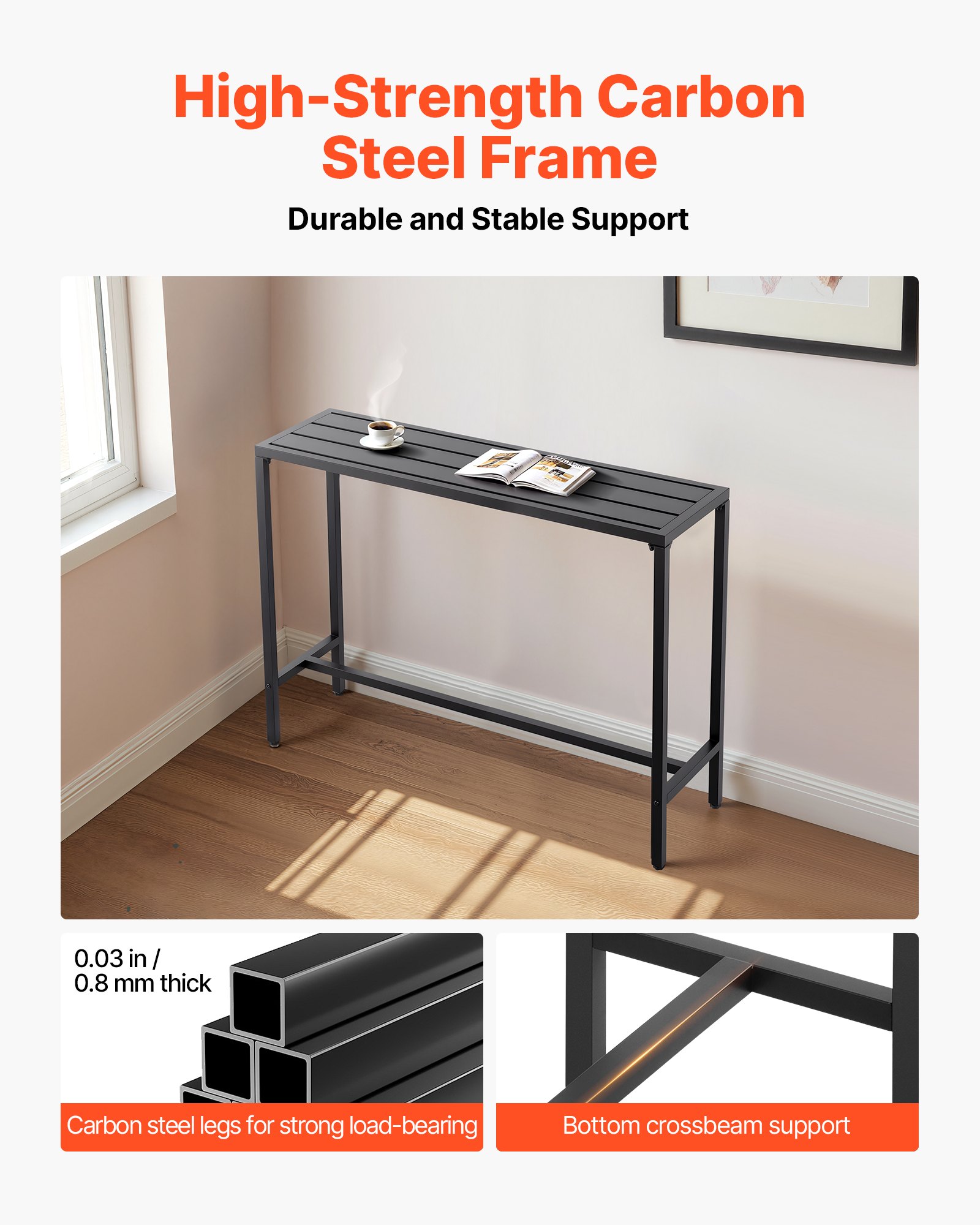 VEVOR Tavolo Alto da Bar per Esterni 120 x 37,5 cm, Tavolino da Pranzo Rettangolare Piano Impermeabile, Struttura in Metallo, Tavolo da Giardino Cortile Terrazza, Bordo Piscina, Soggiorno