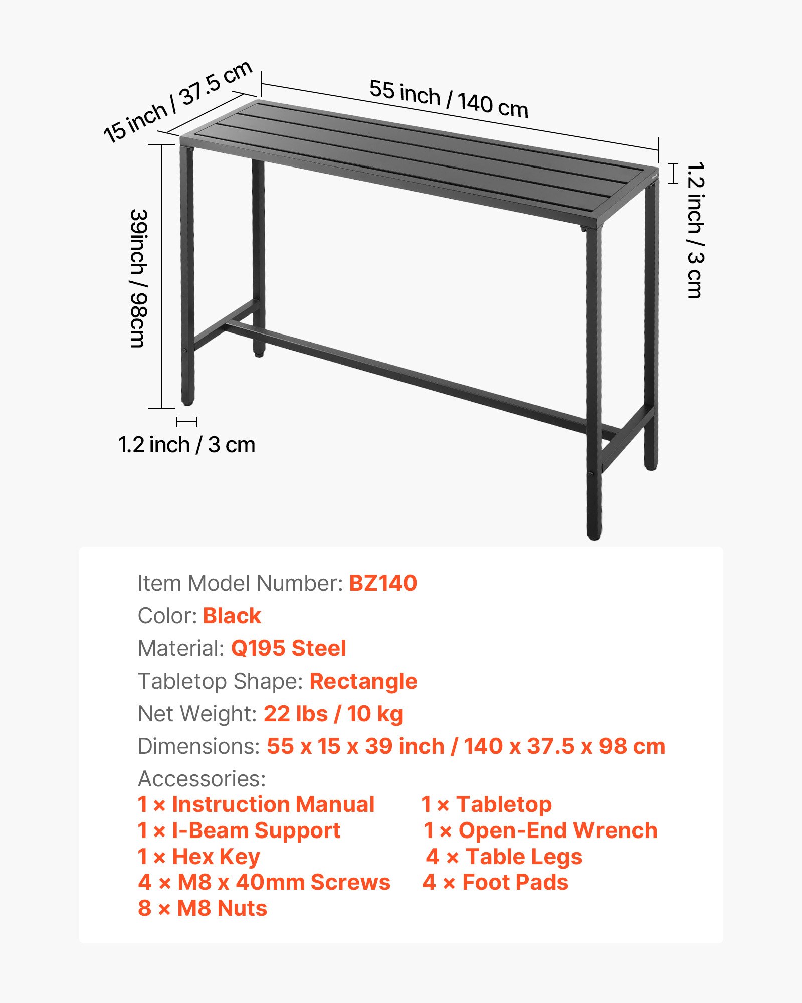 VEVOR Outdoor Bar Table, 140 x 37.5 cm Patio Bar Table, Waterproof Top & Sturdy Metal Frame, Rectangle Counter Height Dining Tables, Outdoor Furniture for Balcony, Yard, Hot Tub, Poolside, Indoor