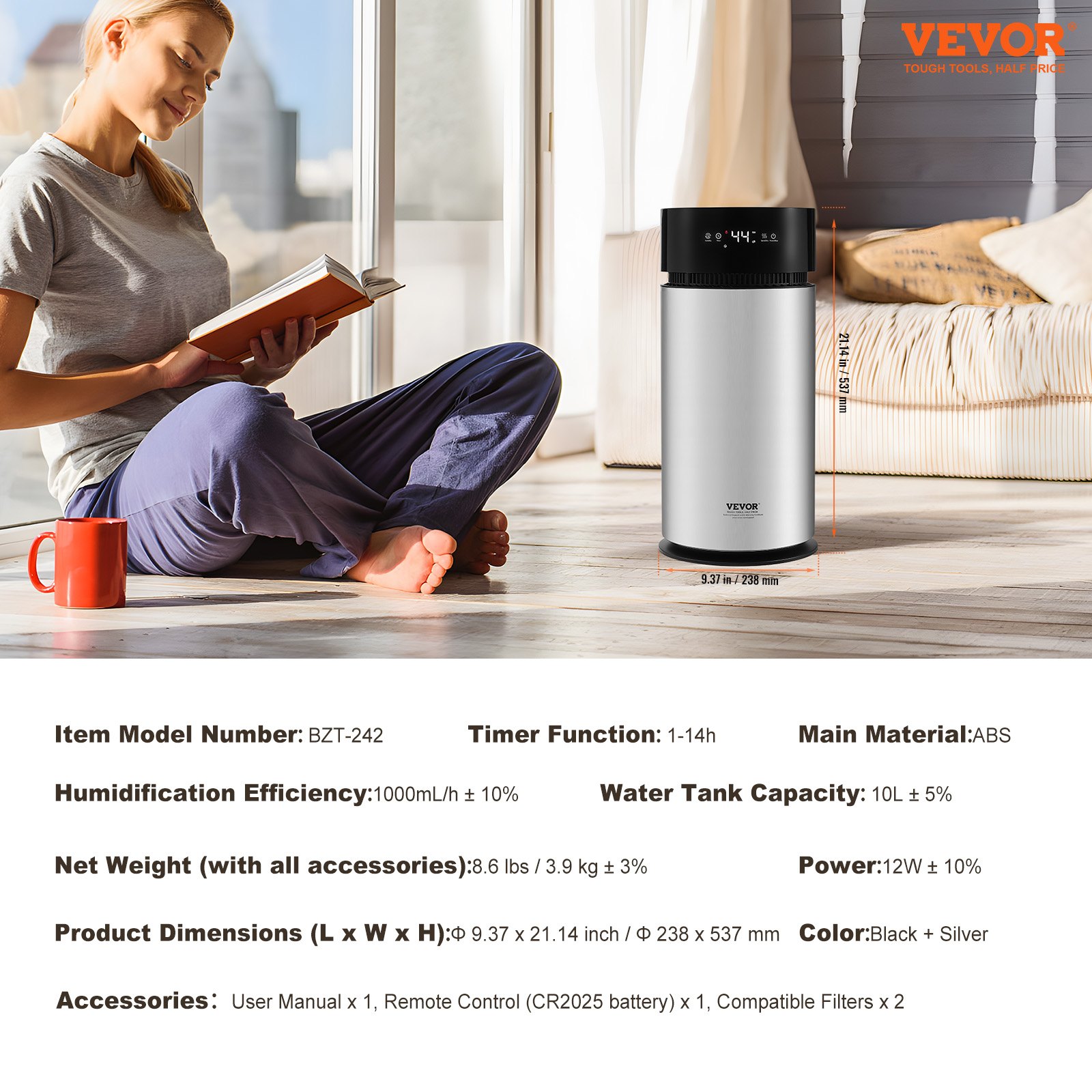 VEVOR Umidificatore Evaporativo Intelligente da 10 Litri, Copertura di 100 m², Umidificazione 1000 mL/h, 3 Velocità, Timer da 1 a 14 ore, Filtro di Qualità, Modalità Sonno Silenzioso Camera da Letto