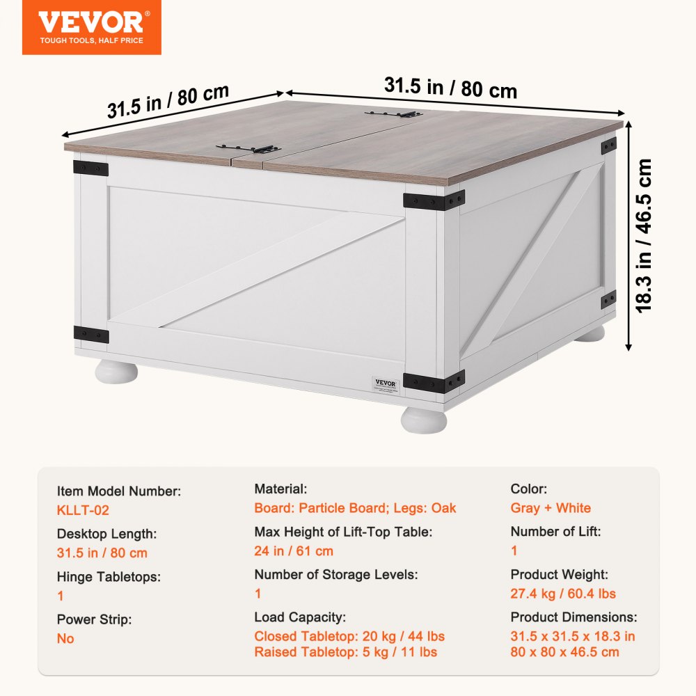 VEVOR Tavolino da Caffè, Stile Rustico 800 mm Tavolino Quadrato con Piano Pieghevole e Vano Portaoggetti, Tavolo da Cocktail Rustico in Legno per Soggiorno, Camera da letto, Studio, Grigio e Bianco