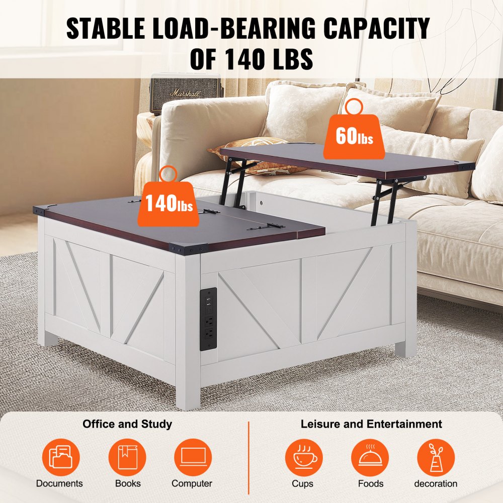 VEVOR Tavolino Mobiletto Pieghevole da Soggiorno Salone Tavolino Quadrato Lunghezza 914 mm con Piano Incernierato Presa USB, Tavolino da Caffè Cocktail in Legno Rustico per Soggiorno Camera da Letto