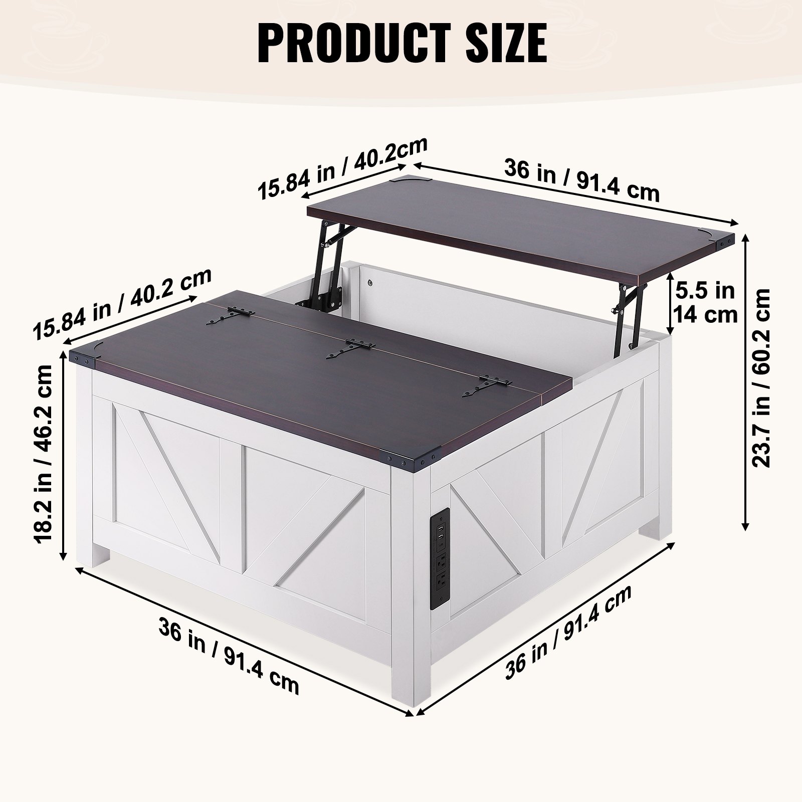 VEVOR Tavolino Mobiletto Pieghevole da Soggiorno Salone Tavolino Quadrato Lunghezza 914 mm con Piano Incernierato Presa USB, Tavolino da Caffè Cocktail in Legno Rustico per Soggiorno Camera da Letto