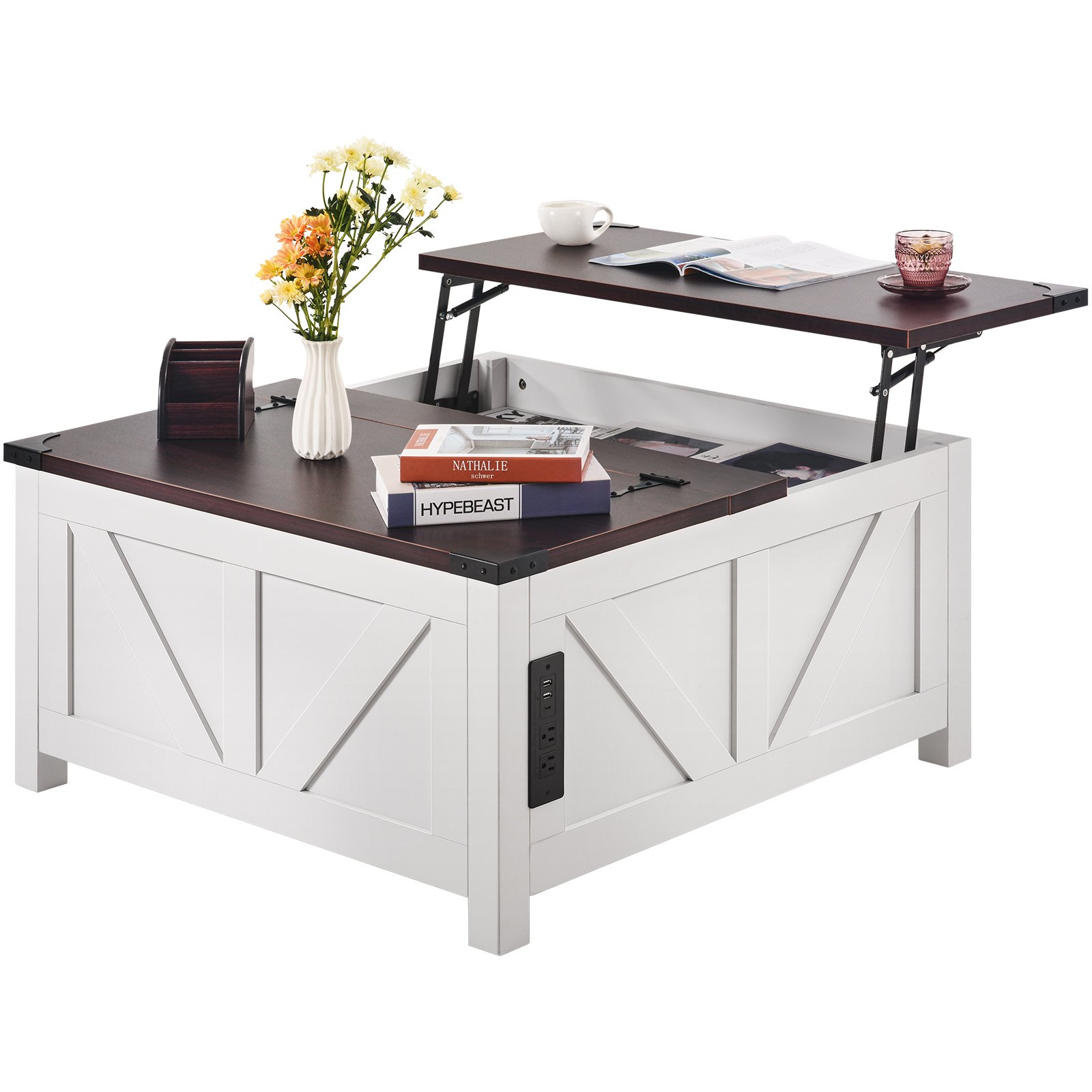 VEVOR Tavolino Mobiletto Pieghevole da Soggiorno Salone Tavolino Quadrato Lunghezza 914 mm con Piano Incernierato Presa USB, Tavolino da Caffè Cocktail in Legno Rustico per Soggiorno Camera da Letto