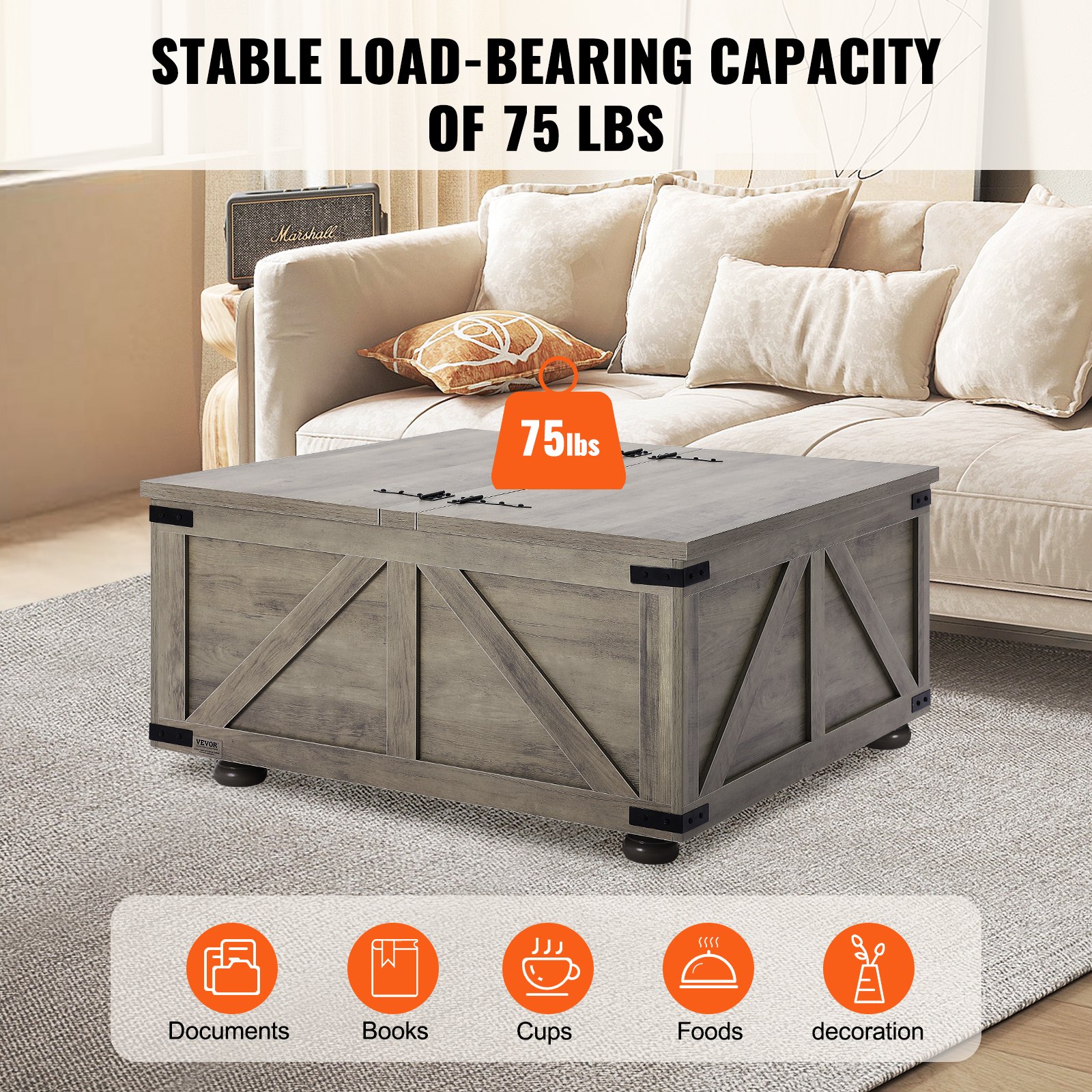 VEVOR Tavolino da Caffè, Stile Rustico 914 mm Tavolino Quadrato Incernierato con Ampio Vano Portaoggetti, Tavolo da Cocktail Rustico in Legno per Soggiorno Camera da Letto Appartamento Studio, Beige