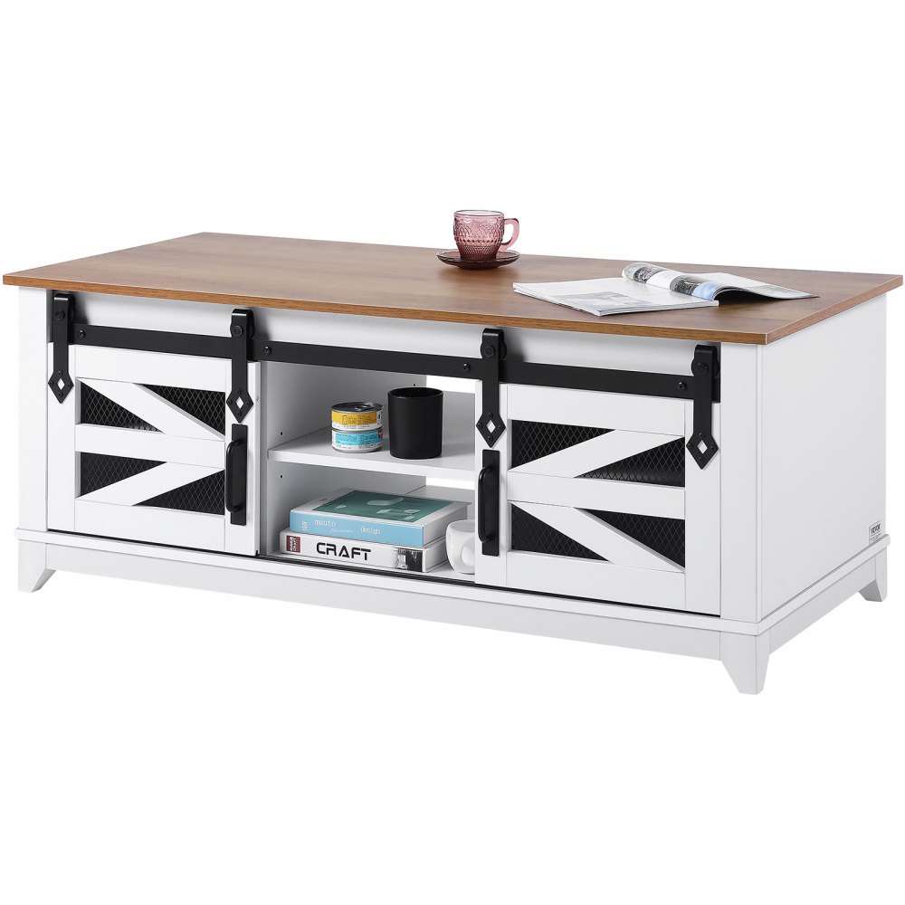 VEVOR Tavolino da Caffè da Fattoria da 1210 mm Tavolino Rettangolare con 2 Ante Scorrevoli Stile Fienile, Tavolo in Legno Rustico a 2 Livelli con Ripiani Rimovibili per Soggiorno, Bianco e Naturale
