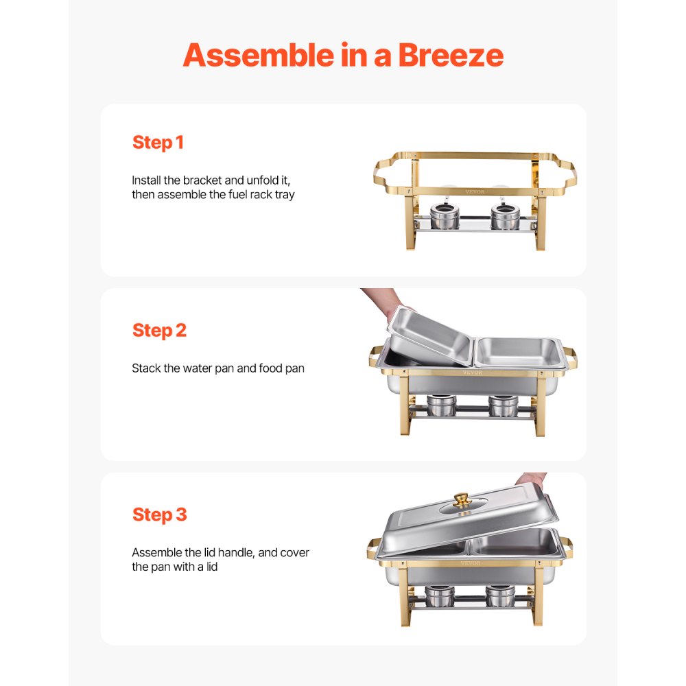 VEVOR Set da Buffet per Scaldavivande 4 L Scaldavivande Rettangolare in Acciaio Inox, Confezione 2, con 4 Padelle Dimezzate, Coperchio in Vetro, Supporto Pieghevole per Teglia per Acqua e Carburante