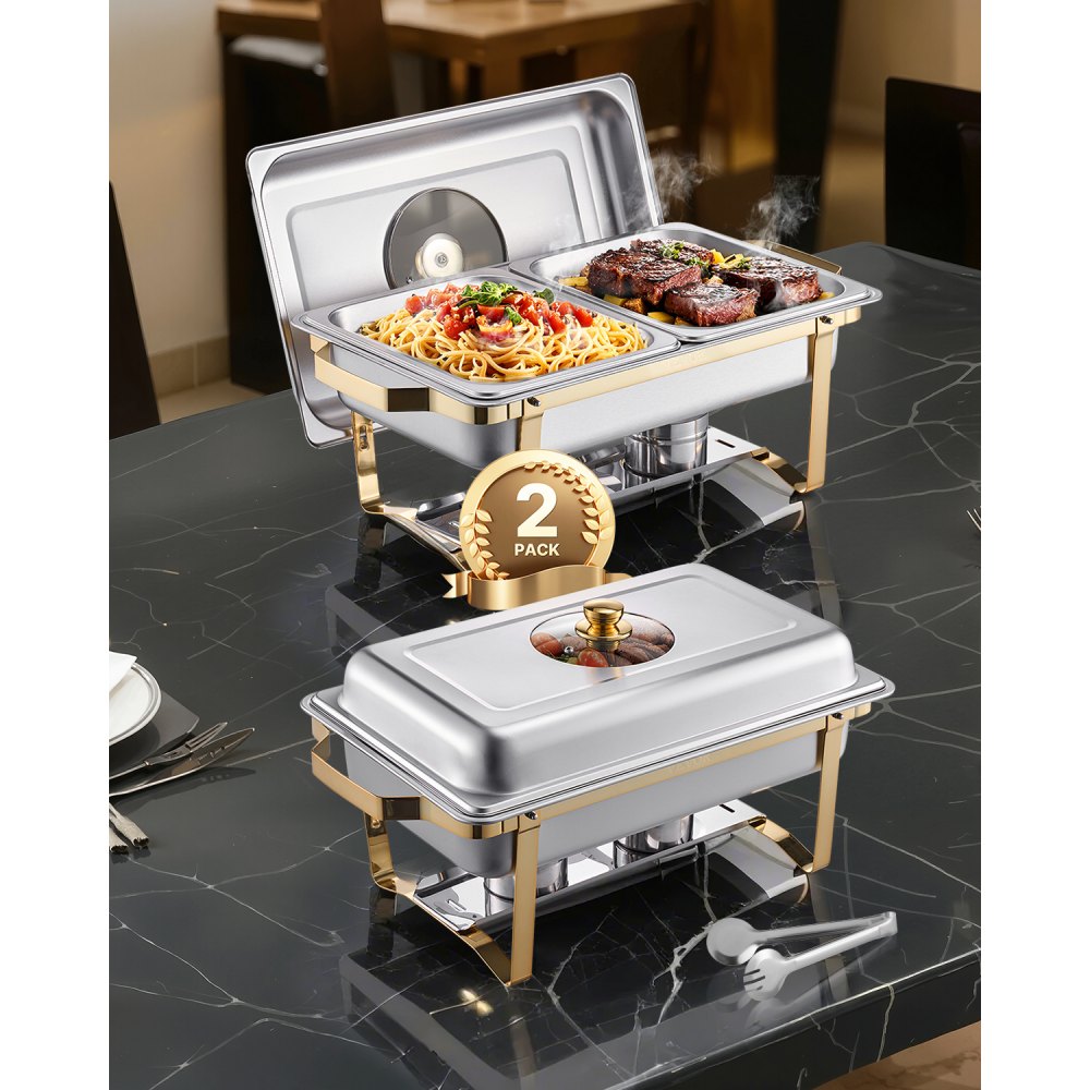 VEVOR Set da Buffet per Scaldavivande 4 L Scaldavivande Rettangolare in Acciaio Inox, Confezione 2, con 4 Padelle Dimezzate, Coperchio in Vetro, Supporto Pieghevole per Teglia per Acqua e Carburante