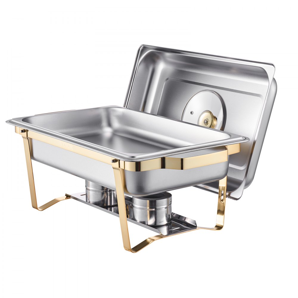 VEVOR Set da Buffet per Scaldavivande 7,5 L Scaldavivande Rettangolare in Acciaio Inox con 4 Padelle di Dimensioni Standard, Coperchio in Vetro, Supporto Pieghevole per Padella per Acqua e Carburante