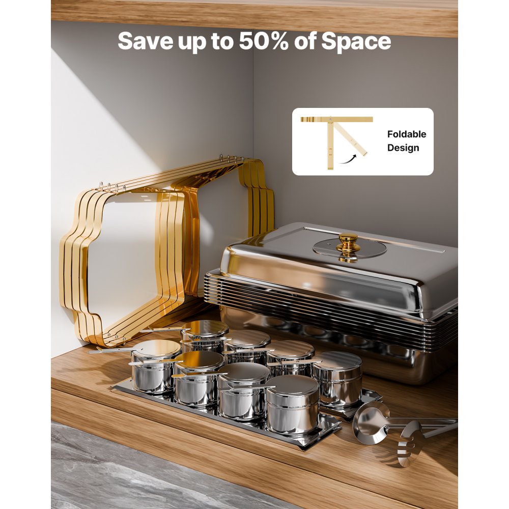 VEVOR Set da Buffet per Scaldavivande 7,5 L Scaldavivande Rettangolare in Acciaio Inox con 4 Padelle di Dimensioni Standard, Coperchio in Vetro, Supporto Pieghevole per Padella per Acqua e Carburante