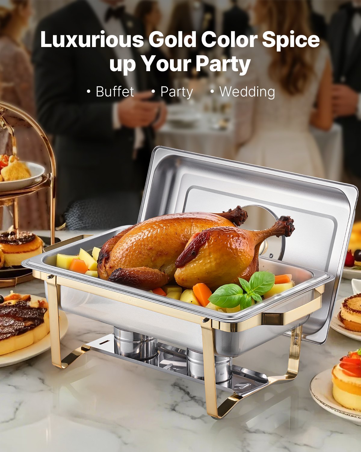 VEVOR Set da Buffet per Scaldavivande 7,5 L Scaldavivande Rettangolare in Acciaio Inox con 4 Padelle di Dimensioni Standard, Coperchio in Vetro, Supporto Pieghevole per Padella per Acqua e Carburante