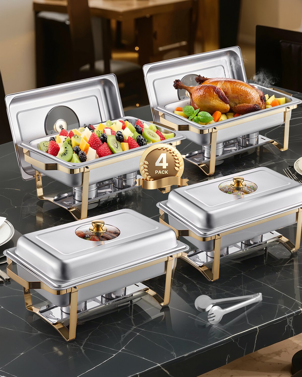 VEVOR Set da Buffet per Scaldavivande 7,5 L Scaldavivande Rettangolare in Acciaio Inox con 4 Padelle di Dimensioni Standard, Coperchio in Vetro, Supporto Pieghevole per Padella per Acqua e Carburante