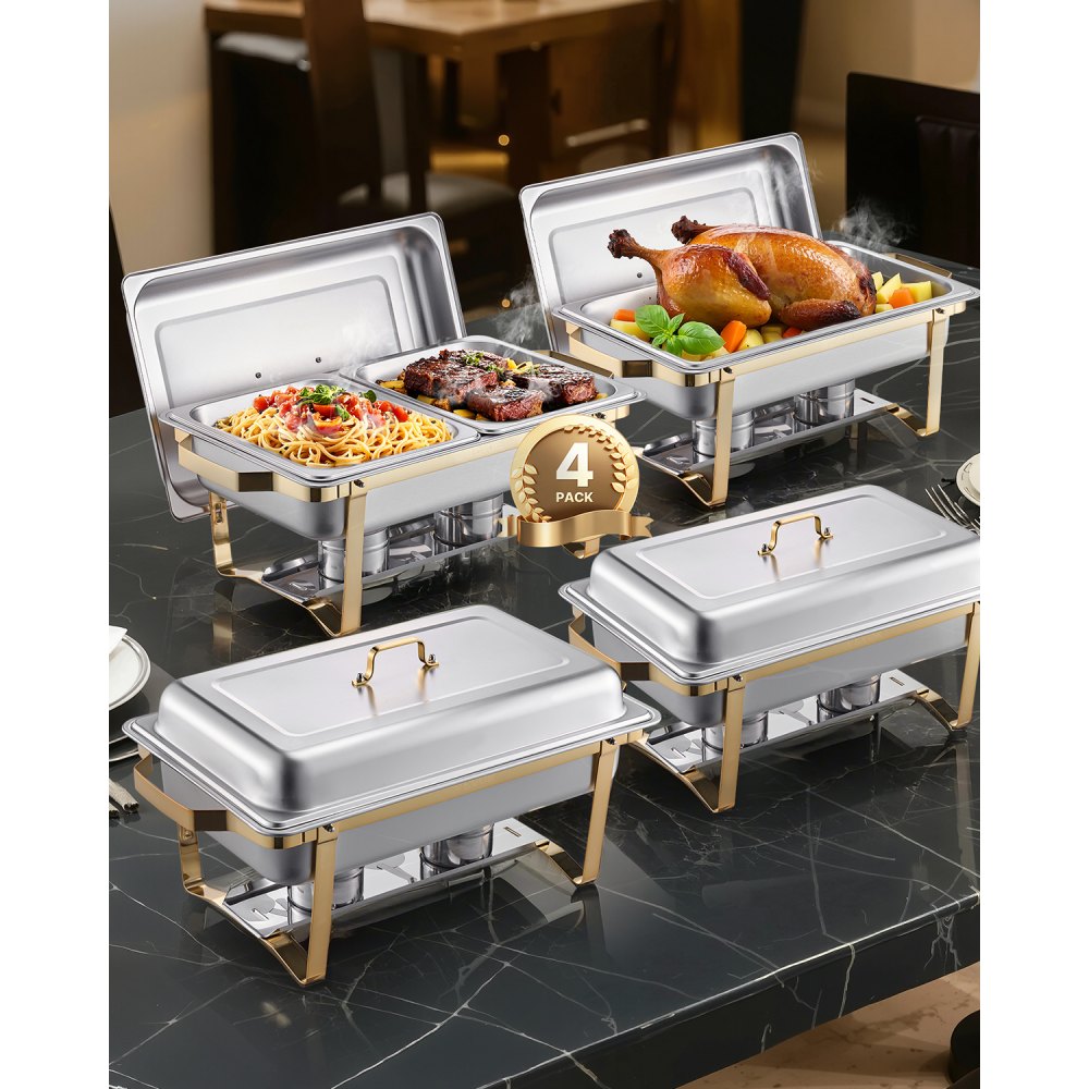 VEVOR Set da Buffet per Scaldavivande 7,5 L Scaldavivande Rettangolare in Acciaio Inox, 4 Pezzi, con 2 Teglie Grandi e 4 Mezze Teglie, con Coperchio e Supporto per Teglia per Acqua, per Feste, Oro