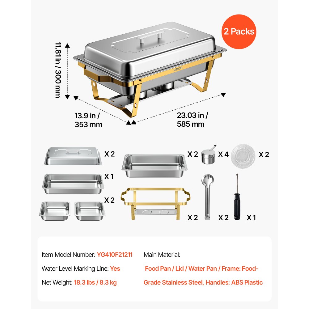 VEVOR 2 Packs Chafing Dishes for Buffet Set, 8.5L Stainless Steel Chafer, for Banquet Party Wedding, Rectangle Buffet Server and Warmer, with 1 Full & 2 Half Size Pans, Fuel Holder, Tong, Glass Pad