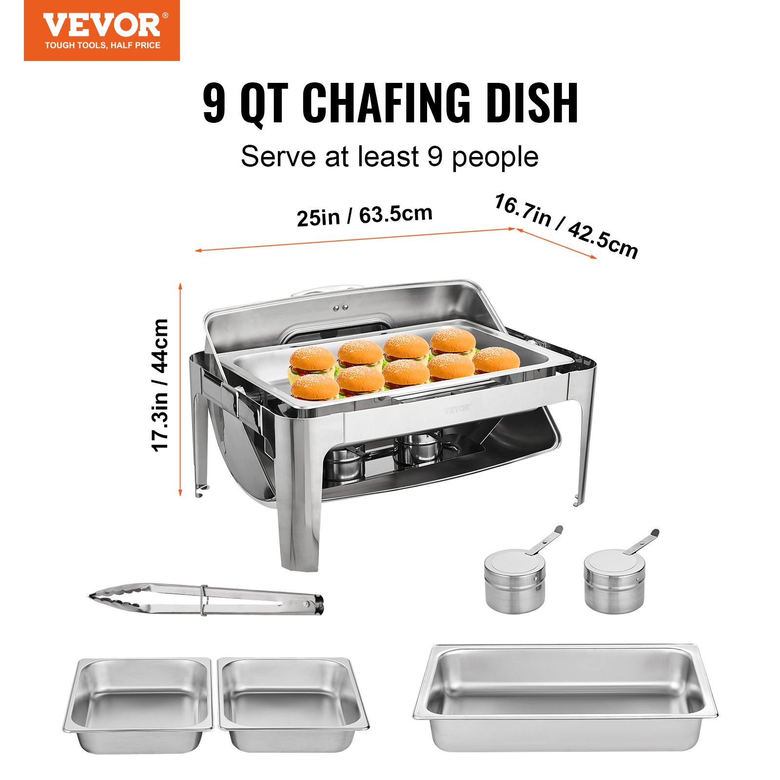 VEVOR Set di Scaldavivande in Acciaio Inox per Servizio Buffet Catering Vassoio Sostituibile Capienza Max. 8,5L, Set Vassoio di Riscaldamento Scaldavivande Rettangolare Coperchio Arrotolabile Visibile