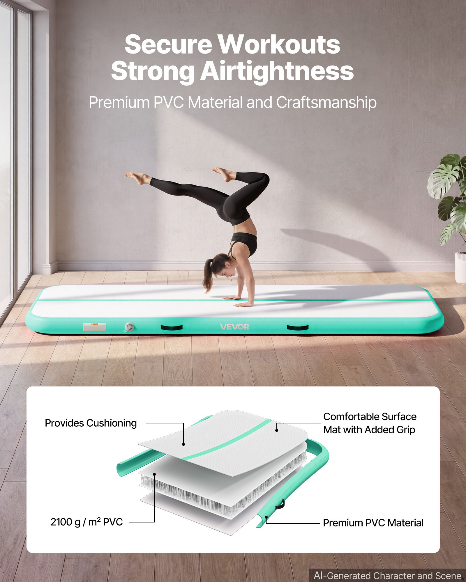 VEVOR Tappetino Gonfiabile Ginnastica Salto Danza 3 m Colore Verde Menta con Pompa Elettrica, Spessore 10 cm, Carico max 200kg, per Palestra Spiaggia Parco, Esercizio di Yoga Cheerleading Acrobazie