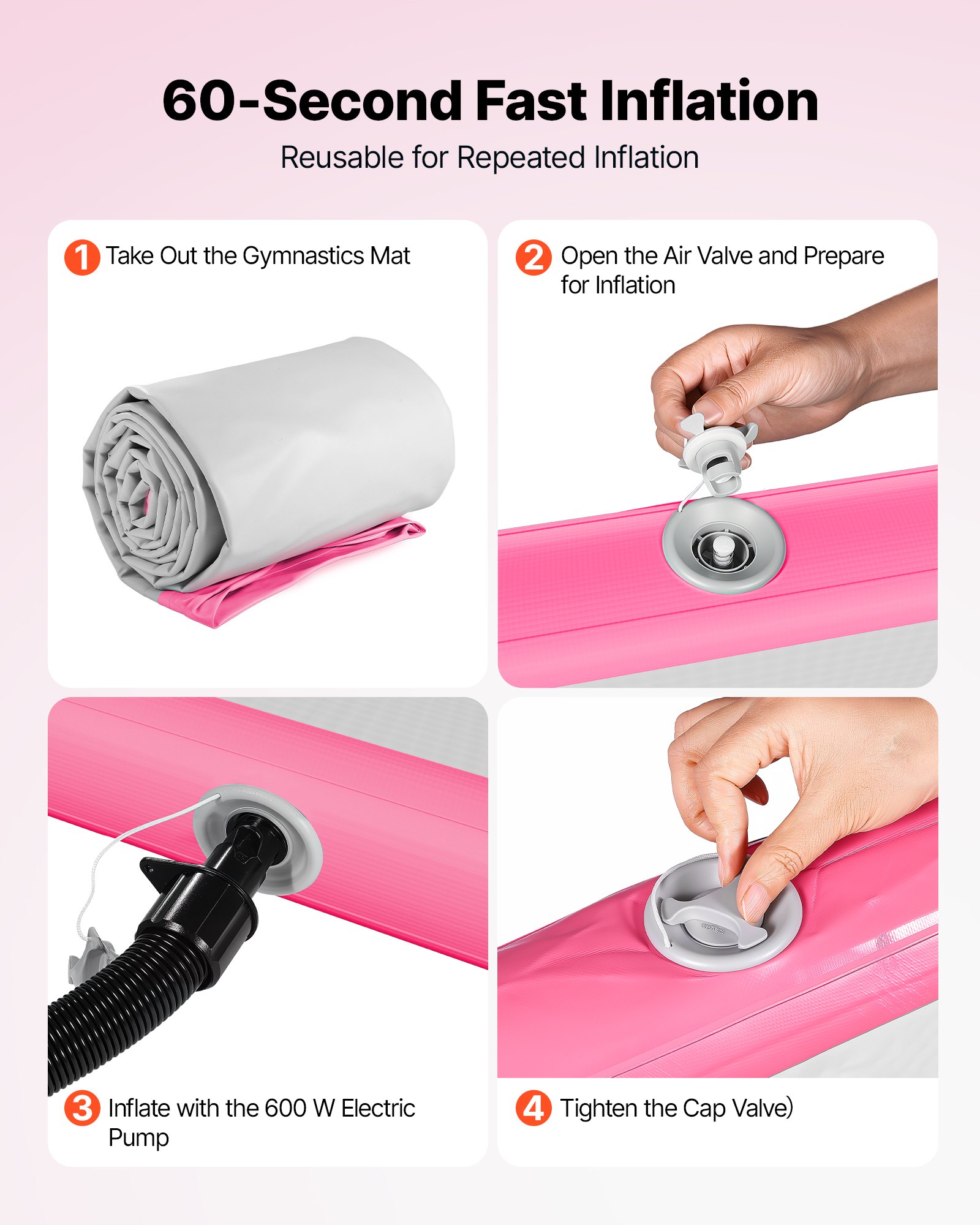 VEVOR Tappetino Gonfiabile per Ginnastica Yoga 3m Colore Rosa Casa Palestra con Pompa Elettrica, Spessore 20 cm, Carico max 200 kg, Allenamento da Spiaggia Parco, Esercizio per Cheerleading Acrobazie