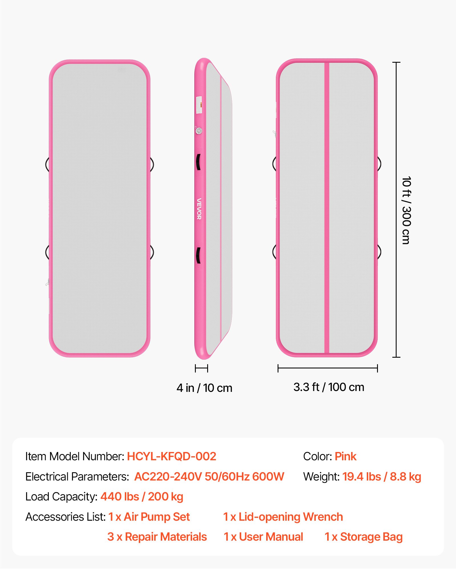 VEVOR Tappetino Gonfiabile Ginnastica Salto 3m Colore Rosa Casa Palestra con Pompa Elettrica, Spessore 10 cm, Carico max 200 kg, Allenamento da Spiaggia Parco, Esercizio per Cheerleading Acrobazie