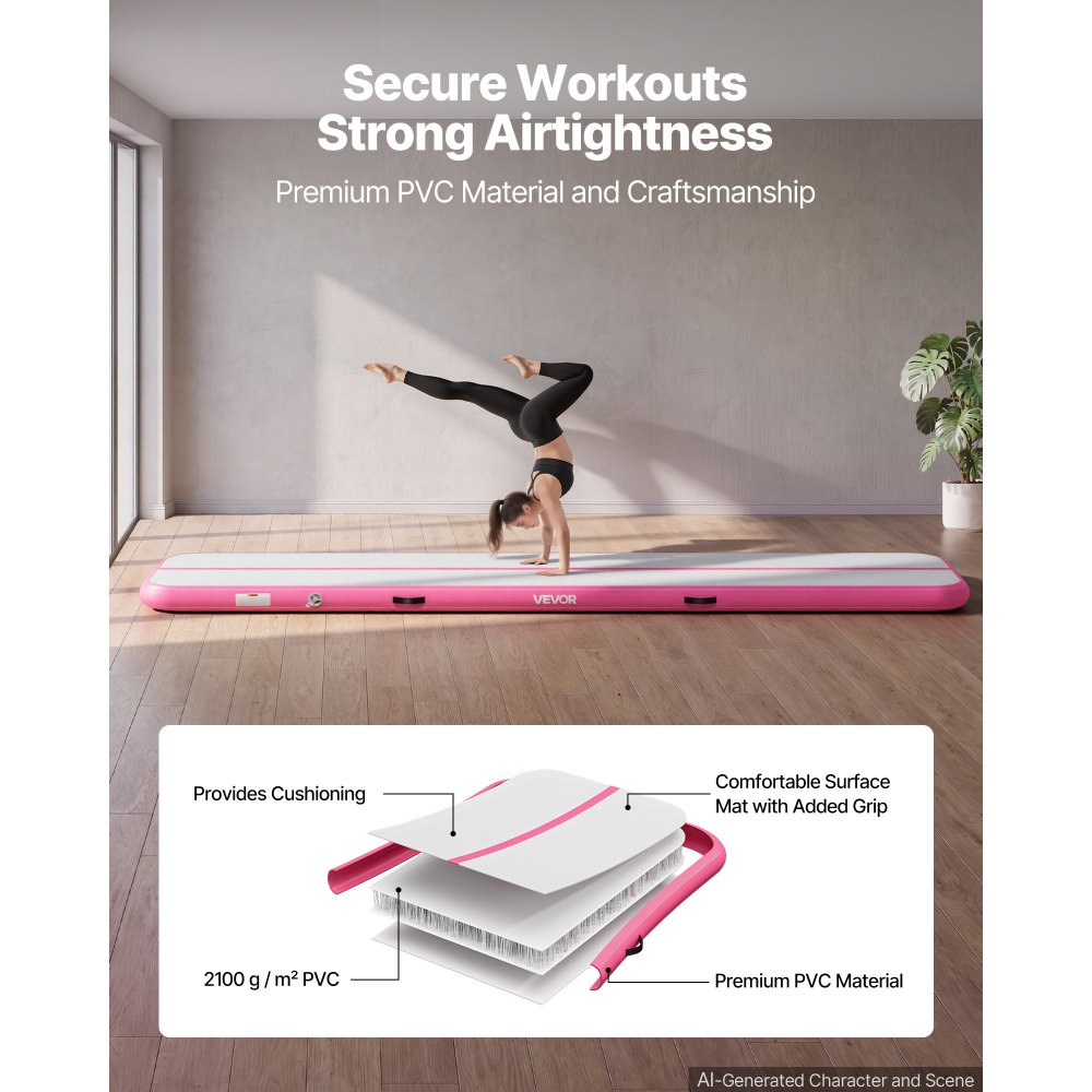 VEVOR Tappetino Gonfiabile per Ginnastica Yoga 4m Colore Rosa Casa Palestra con Pompa Elettrica, Spessore 10 cm, Carico max 200 kg, Allenamento da Spiaggia Parco, Esercizio per Cheerleading Acrobazie