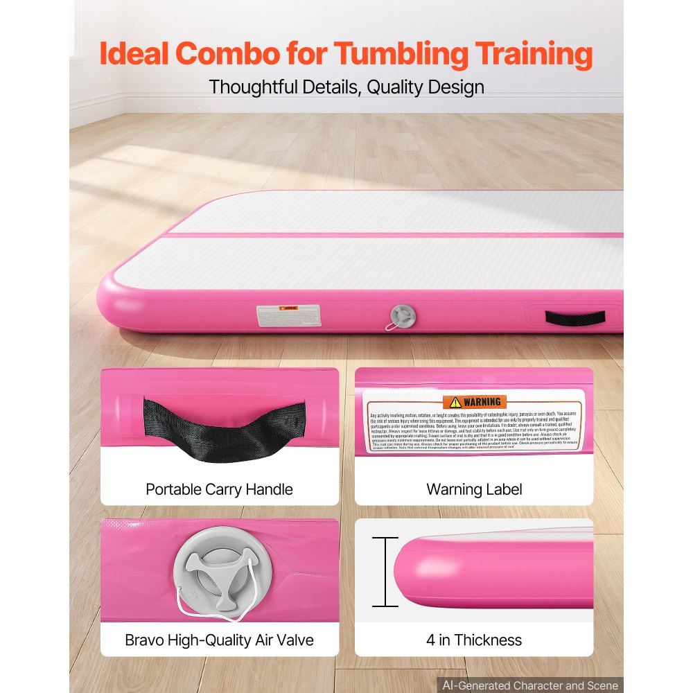 VEVOR Tappetino Gonfiabile per Ginnastica Yoga 4m Colore Rosa Casa Palestra con Pompa Elettrica, Spessore 10 cm, Carico max 200 kg, Allenamento da Spiaggia Parco, Esercizio per Cheerleading Acrobazie