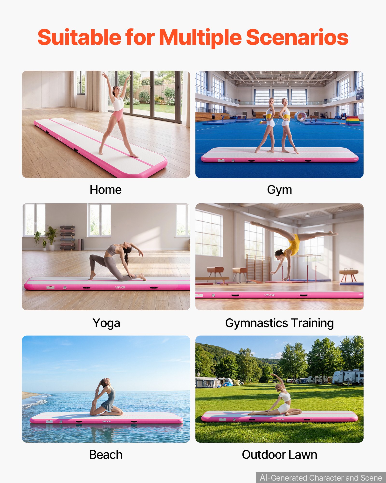 VEVOR Tappetino Gonfiabile per Ginnastica Yoga 4m Colore Rosa Casa Palestra con Pompa Elettrica, Spessore 10 cm, Carico max 200 kg, Allenamento da Spiaggia Parco, Esercizio per Cheerleading Acrobazie