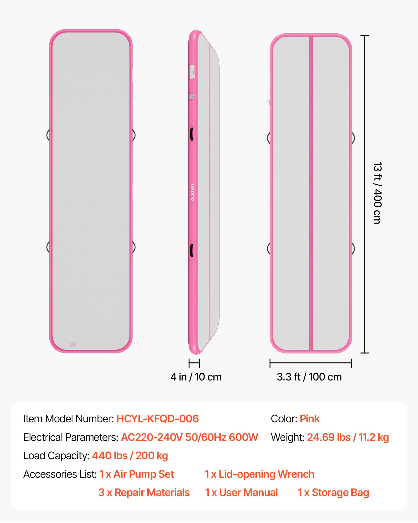 VEVOR Tappetino Gonfiabile per Ginnastica Yoga 4m Colore Rosa Casa Palestra con Pompa Elettrica, Spessore 10 cm, Carico max 200 kg, Allenamento da Spiaggia Parco, Esercizio per Cheerleading Acrobazie