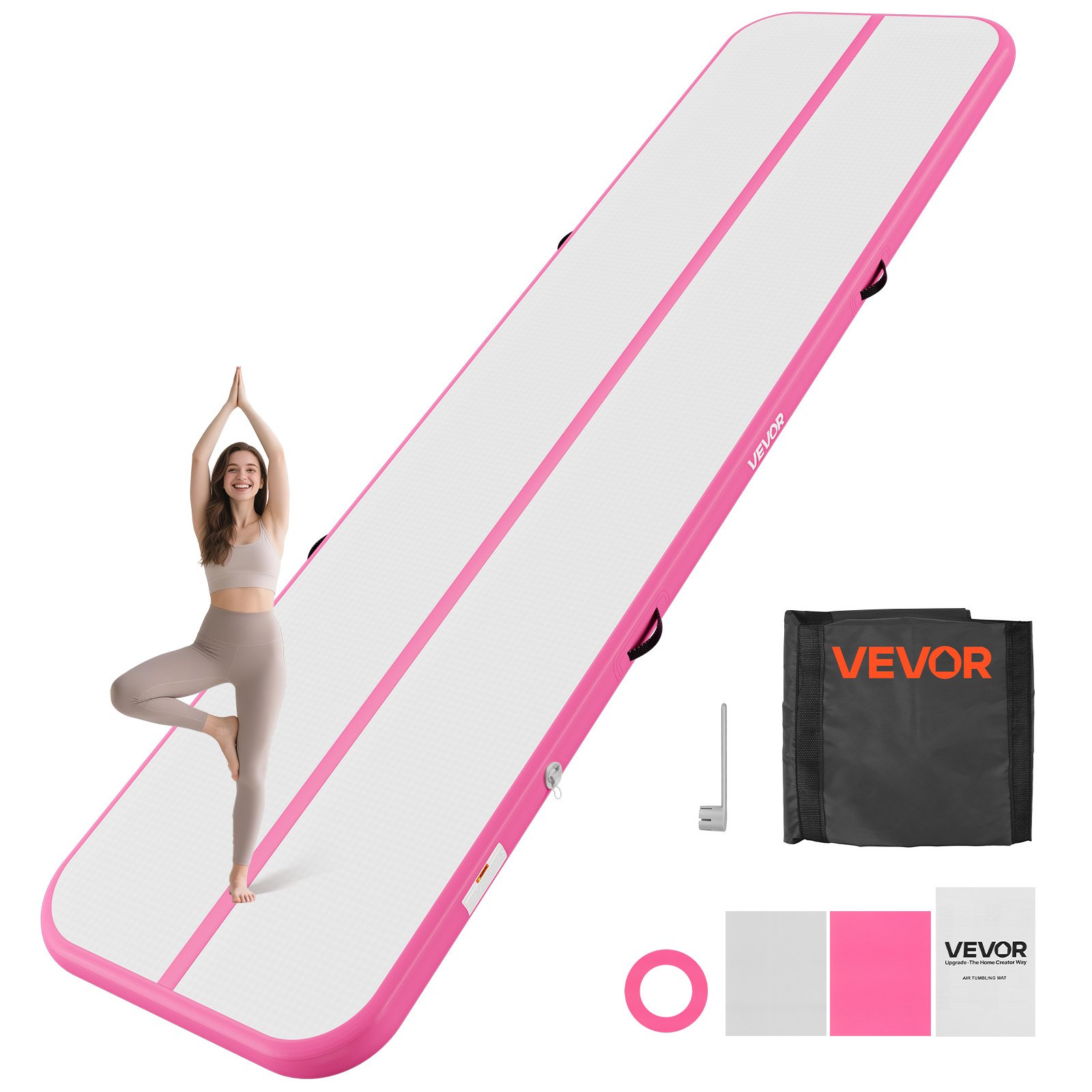 VEVOR Tappetino Gonfiabile per Ginnastica Yoga 4m Colore Rosa Casa Palestra con Pompa Elettrica, Spessore 10 cm, Carico max 200 kg, Allenamento da Spiaggia Parco, Esercizio per Cheerleading Acrobazie