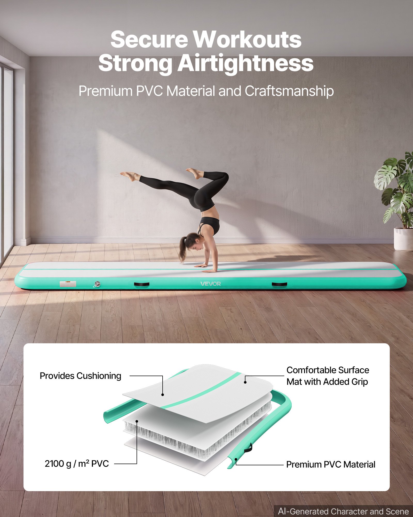 VEVOR Tappetino Gonfiabile per Ginnastica Artistica 4 m Colore Verde Menta con Pompa Elettrica, Spessore 10 cm, Carico max 200kg, per Palestra Spiaggia Parco, Esercizio di Yoga Cheerleading Acrobazie