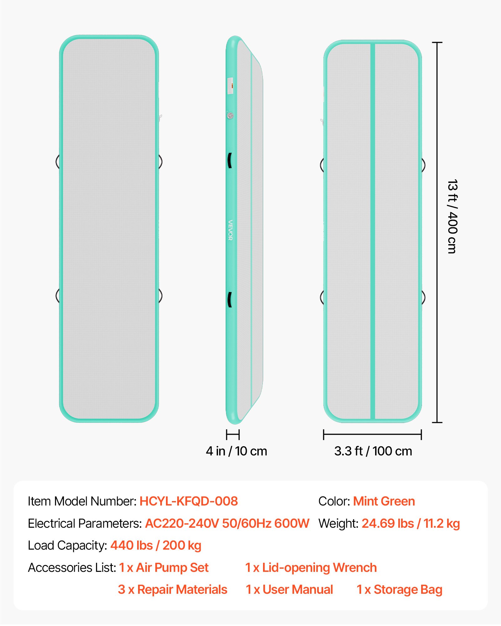 VEVOR Tappetino Gonfiabile per Ginnastica Artistica 4 m Colore Verde Menta con Pompa Elettrica, Spessore 10 cm, Carico max 200kg, per Palestra Spiaggia Parco, Esercizio di Yoga Cheerleading Acrobazie