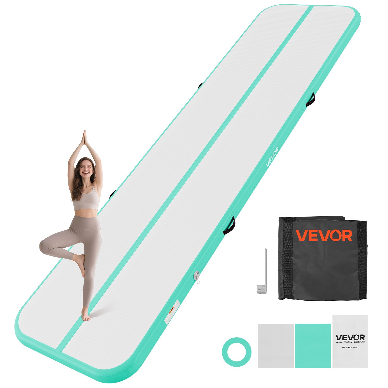 VEVOR Tappetino Gonfiabile per Ginnastica Artistica 4 m Colore Verde Menta con Pompa Elettrica, Spessore 10 cm, Carico max 200kg, per Palestra Spiaggia Parco, Esercizio di Yoga Cheerleading Acrobazie