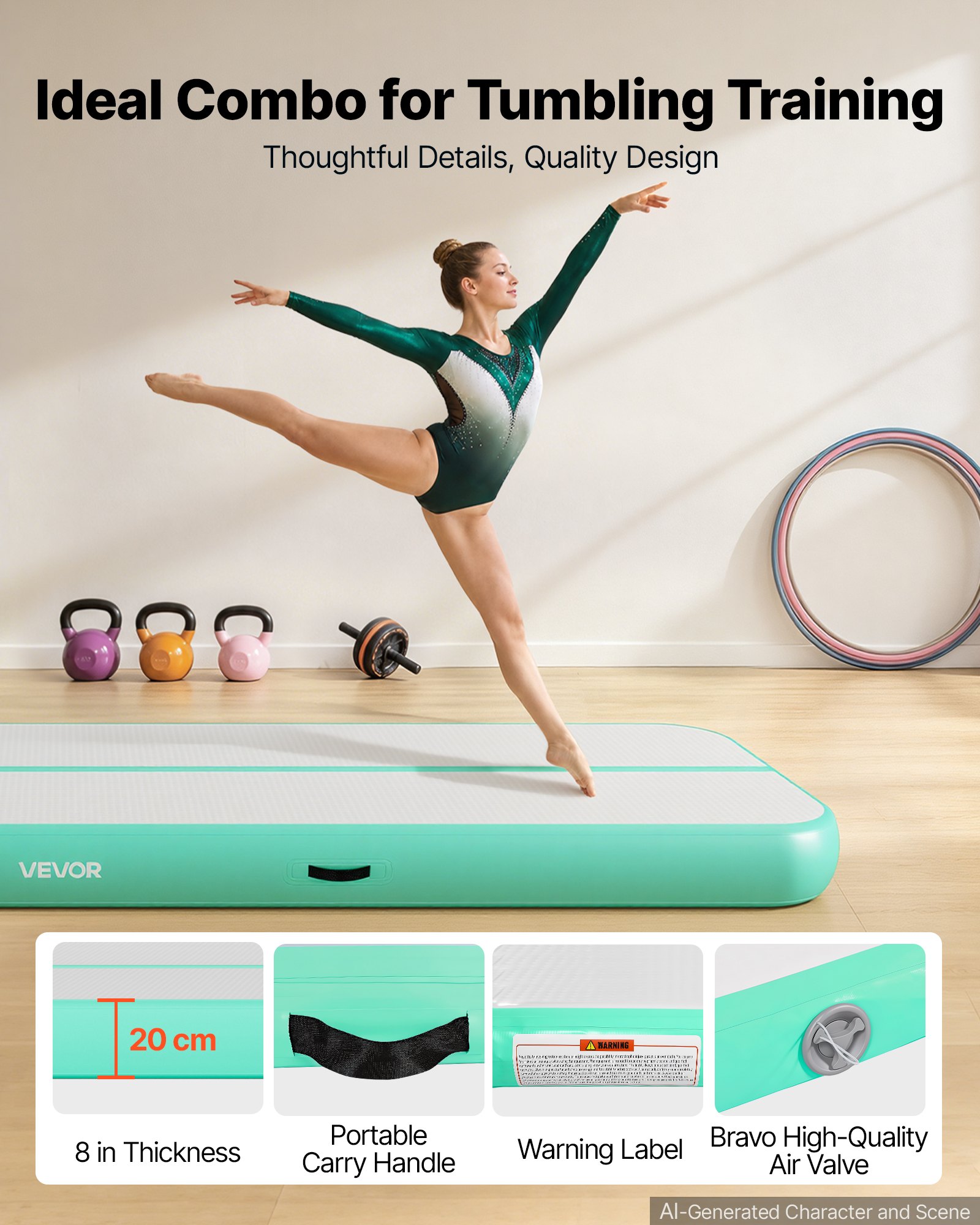 VEVOR Tappetino Gonfiabile per Ginnastica Lunghezza 4 m Colore Verde Menta con Pompa Elettrica, Spessore 20 cm, Carico max 200kg, per Palestra Spiaggia Parco, Esercizio di Yoga Cheerleading Acrobazie