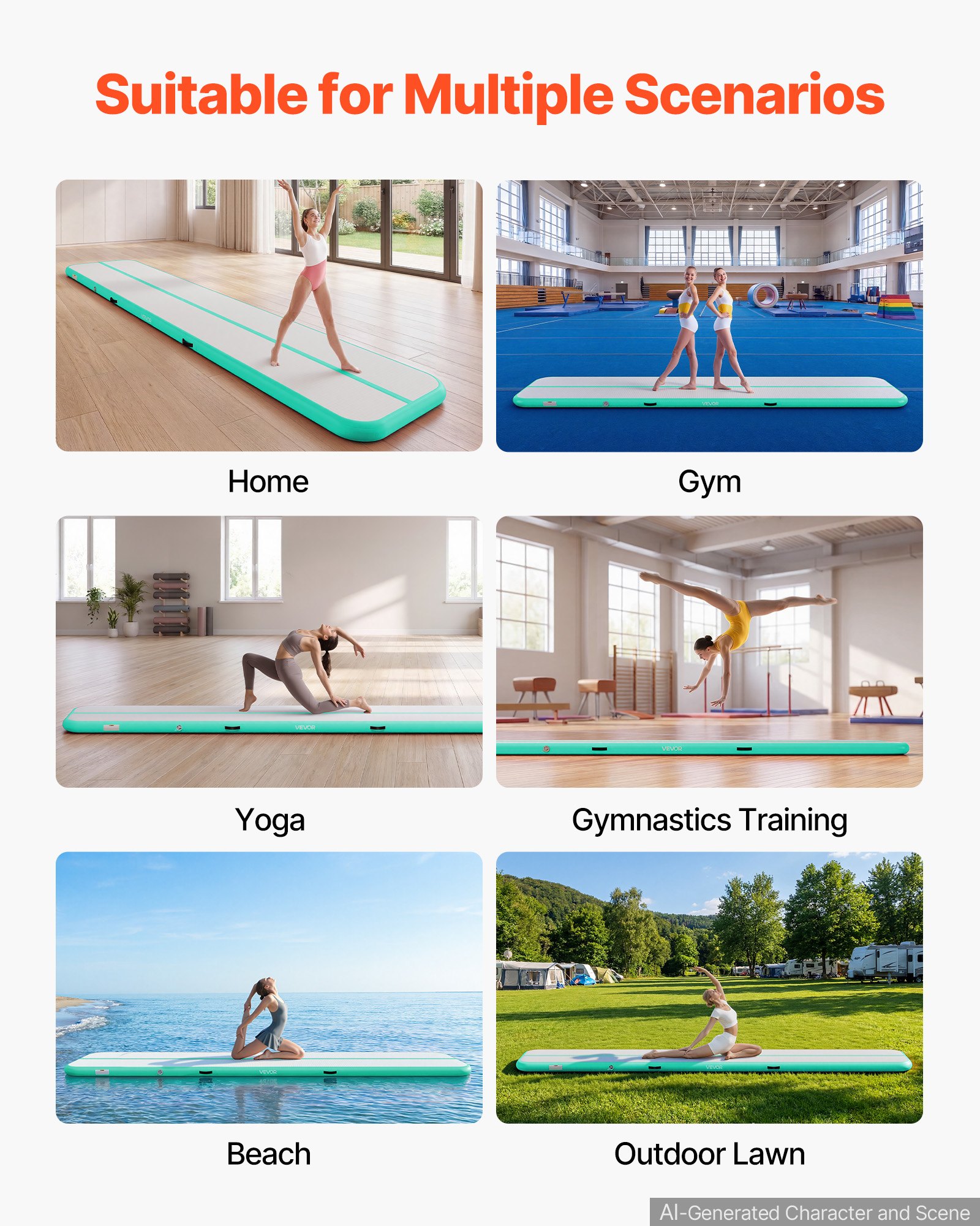 VEVOR Tappetino Gonfiabile per Ginnastica Artistica 5 m Colore Verde Menta con Pompa Elettrica, Spessore 10 cm, Carico max 200kg, per Palestra Spiaggia Parco, Esercizio di Yoga Cheerleading Acrobazie