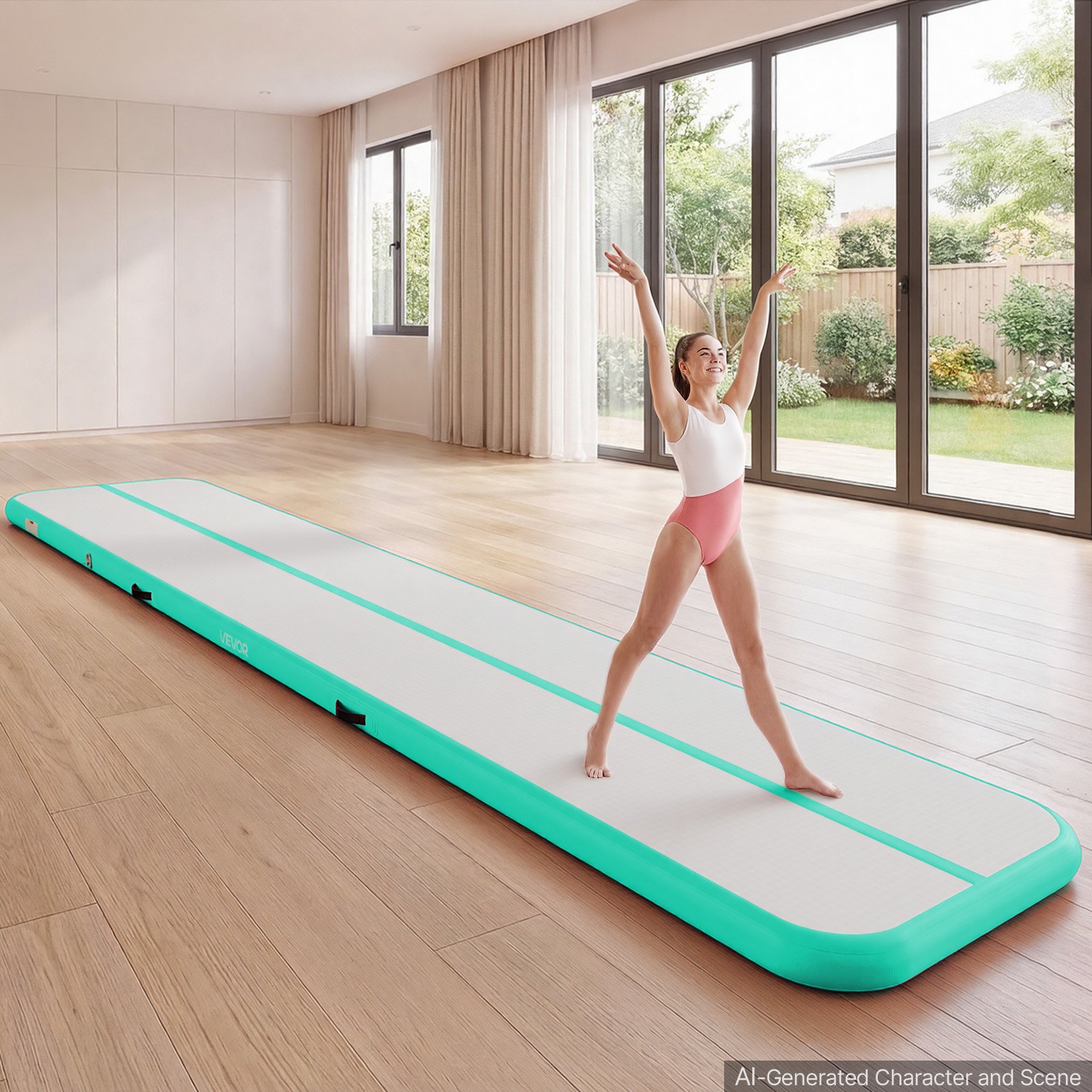 VEVOR Tappetino Gonfiabile per Ginnastica Artistica 5 m Colore Verde Menta con Pompa Elettrica, Spessore 10 cm, Carico max 200kg, per Palestra Spiaggia Parco, Esercizio di Yoga Cheerleading Acrobazie