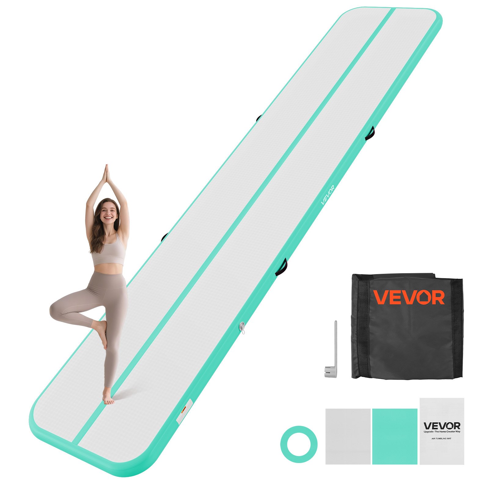 VEVOR Tappetino Gonfiabile per Ginnastica Artistica 5 m Colore Verde Menta con Pompa Elettrica, Spessore 10 cm, Carico max 200kg, per Palestra Spiaggia Parco, Esercizio di Yoga Cheerleading Acrobazie
