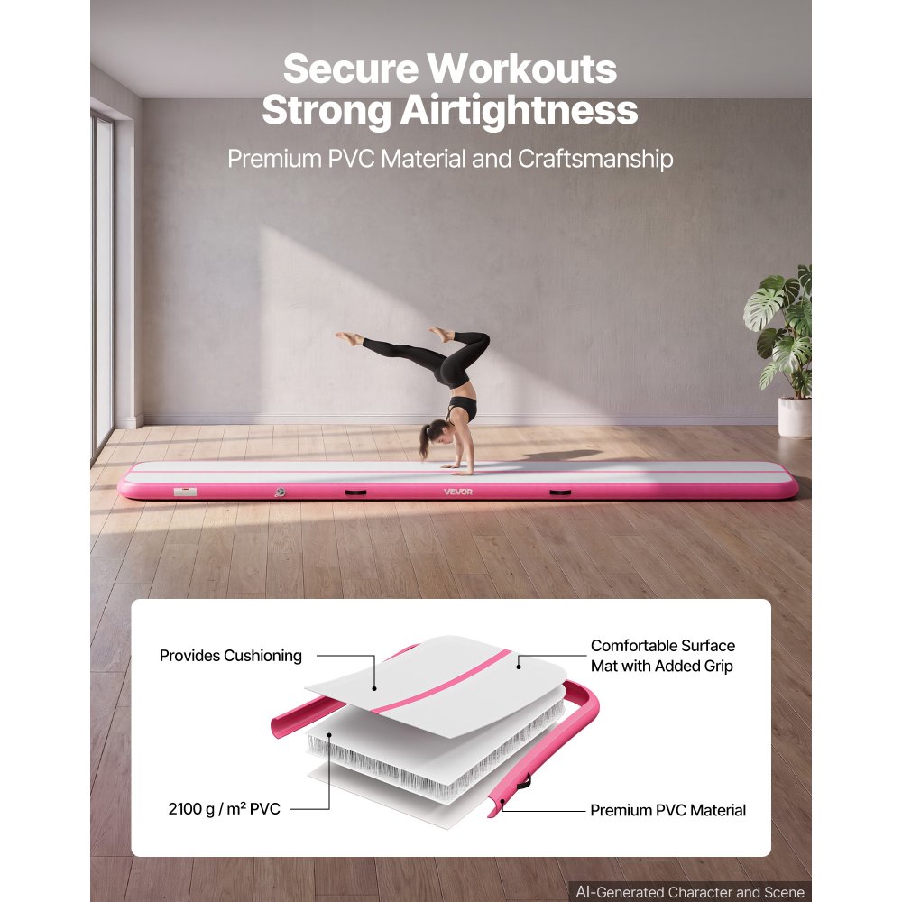 VEVOR Tappetino Gonfiabile per Ginnastica Yoga 5m Colore Rosa Casa Palestra con Pompa Elettrica, Spessore 10 cm, Carico max 200 kg, Allenamento da Spiaggia Parco, Esercizio per Cheerleading Acrobazie