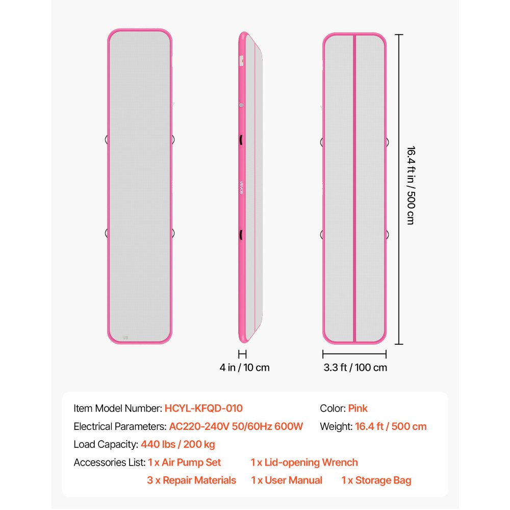 VEVOR Tappetino Gonfiabile per Ginnastica Yoga 5m Colore Rosa Casa Palestra con Pompa Elettrica, Spessore 10 cm, Carico max 200 kg, Allenamento da Spiaggia Parco, Esercizio per Cheerleading Acrobazie