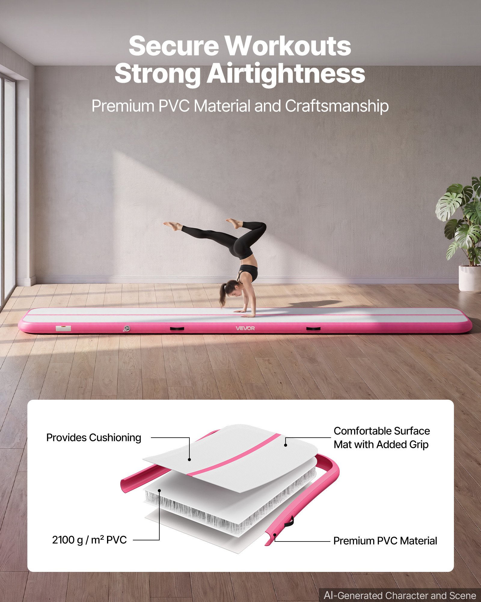 VEVOR Tappetino Gonfiabile per Ginnastica Yoga 5m Colore Rosa Casa Palestra con Pompa Elettrica, Spessore 10 cm, Carico max 200 kg, Allenamento da Spiaggia Parco, Esercizio per Cheerleading Acrobazie