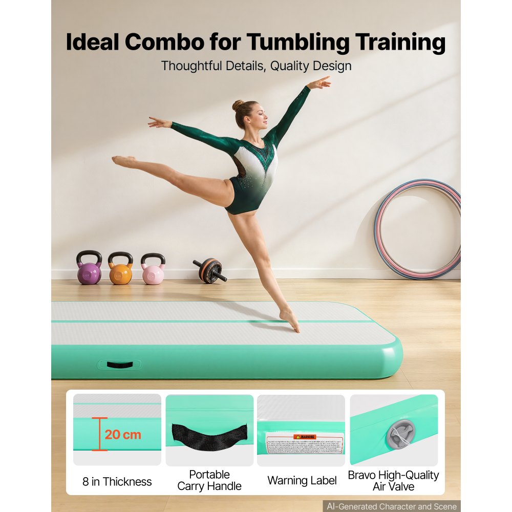 VEVOR Tappetino Gonfiabile Ginnastica Salto Danza 5 m Colore Verde Menta con Pompa Elettrica, Spessore 20 cm, Carico max 200kg, per Palestra Spiaggia Parco, Esercizio di Yoga Cheerleading Acrobazie