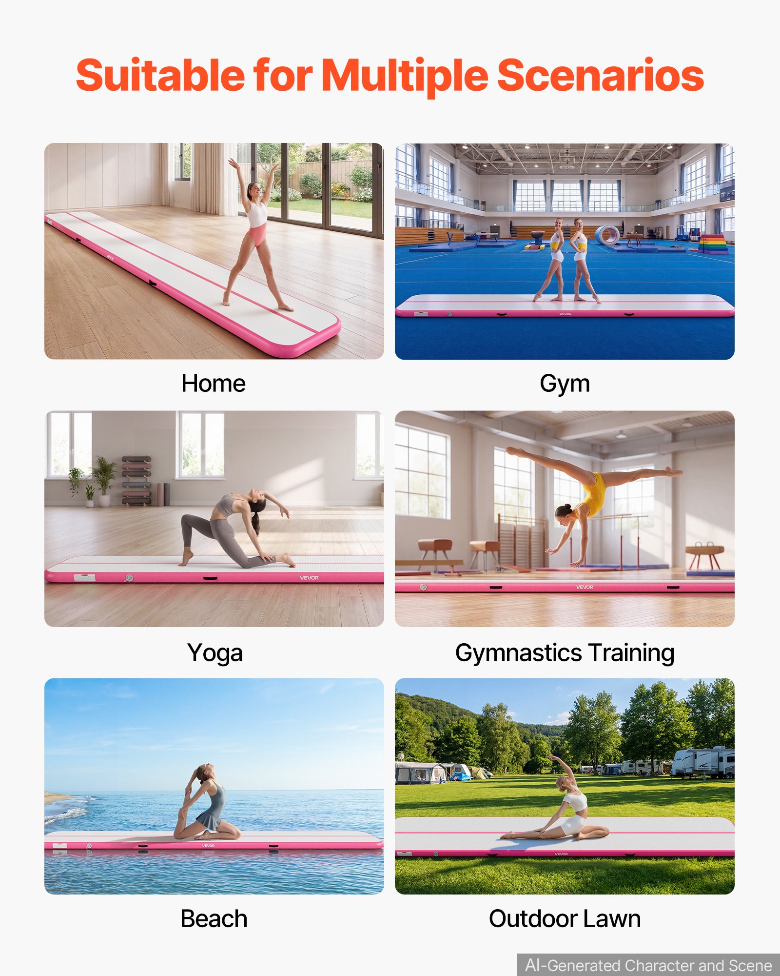 VEVOR Tappetino Gonfiabile Ginnastica Salto 6 m Colore Rosa Casa Palestra con Pompa Elettrica, Spessore 10 cm, Carico max 200 kg, Allenamento da Spiaggia Parco, Esercizio per Cheerleading Acrobazie