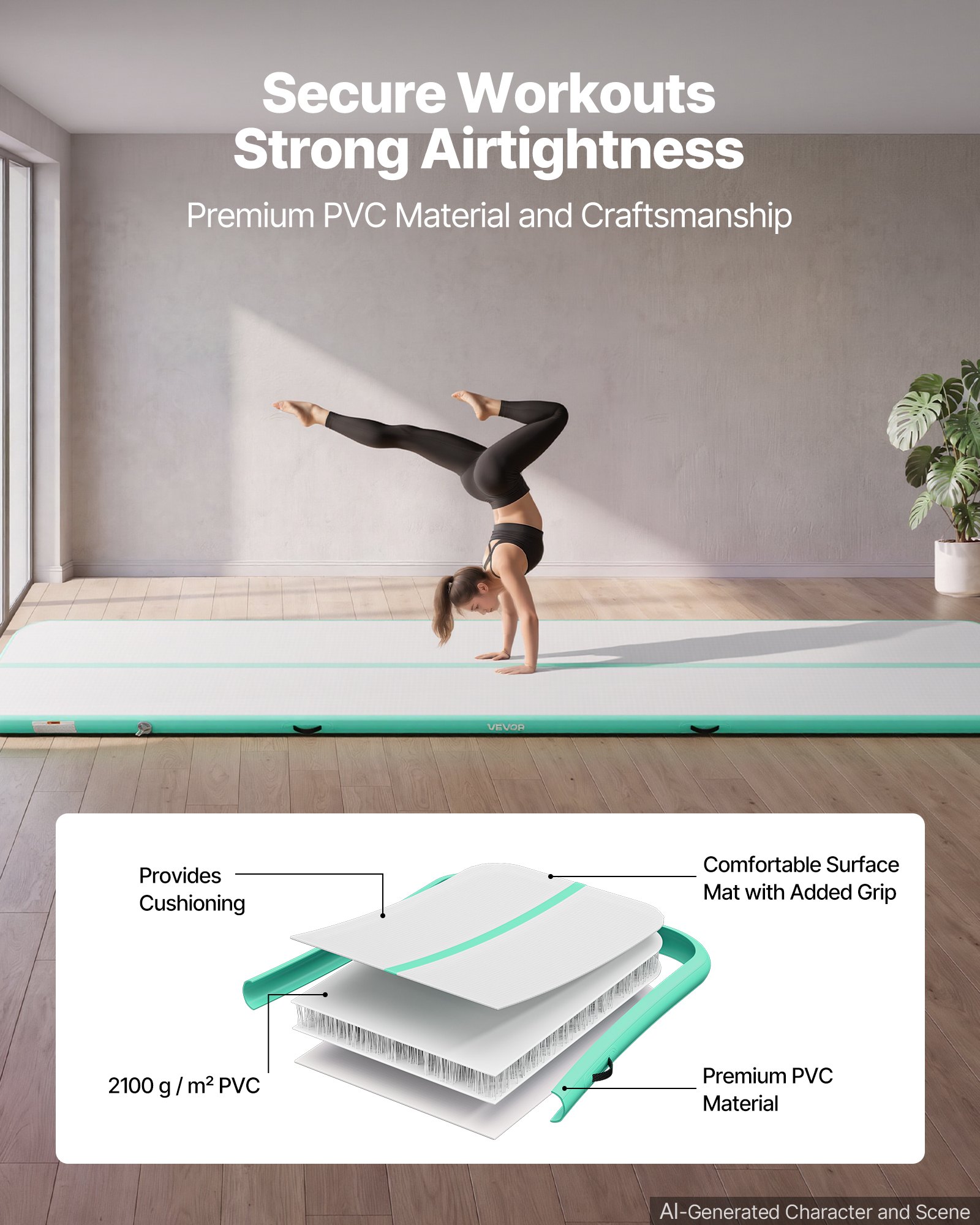 VEVOR Tappetino Gonfiabile Ginnastica Salto Danza 6 m Colore Verde Menta con Pompa Elettrica, Spessore 10 cm, Carico max 200kg, per Palestra Spiaggia Parco, Esercizio di Yoga Cheerleading Acrobazie