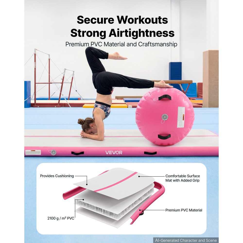 VEVOR Tappetino Gonfiabile Lunghezza 3m con Cilindro per Ginnastica Rosa con Pompa, Barile 60x100cm, Attrezzatura per Esercizio Fisico, Danza Artistica, Acrobazie, per Soggiorno, Palestra, Giardino