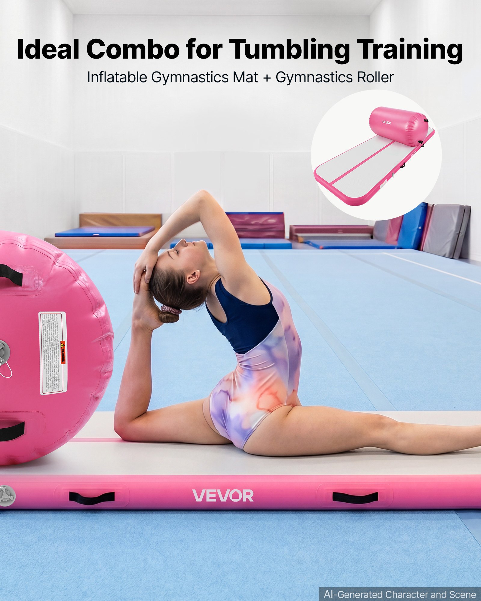 VEVOR Tappetino Gonfiabile Lunghezza 3m con Cilindro per Ginnastica Rosa con Pompa, Barile 60x100cm, Attrezzatura per Esercizio Fisico, Danza Artistica, Acrobazie, per Soggiorno, Palestra, Giardino