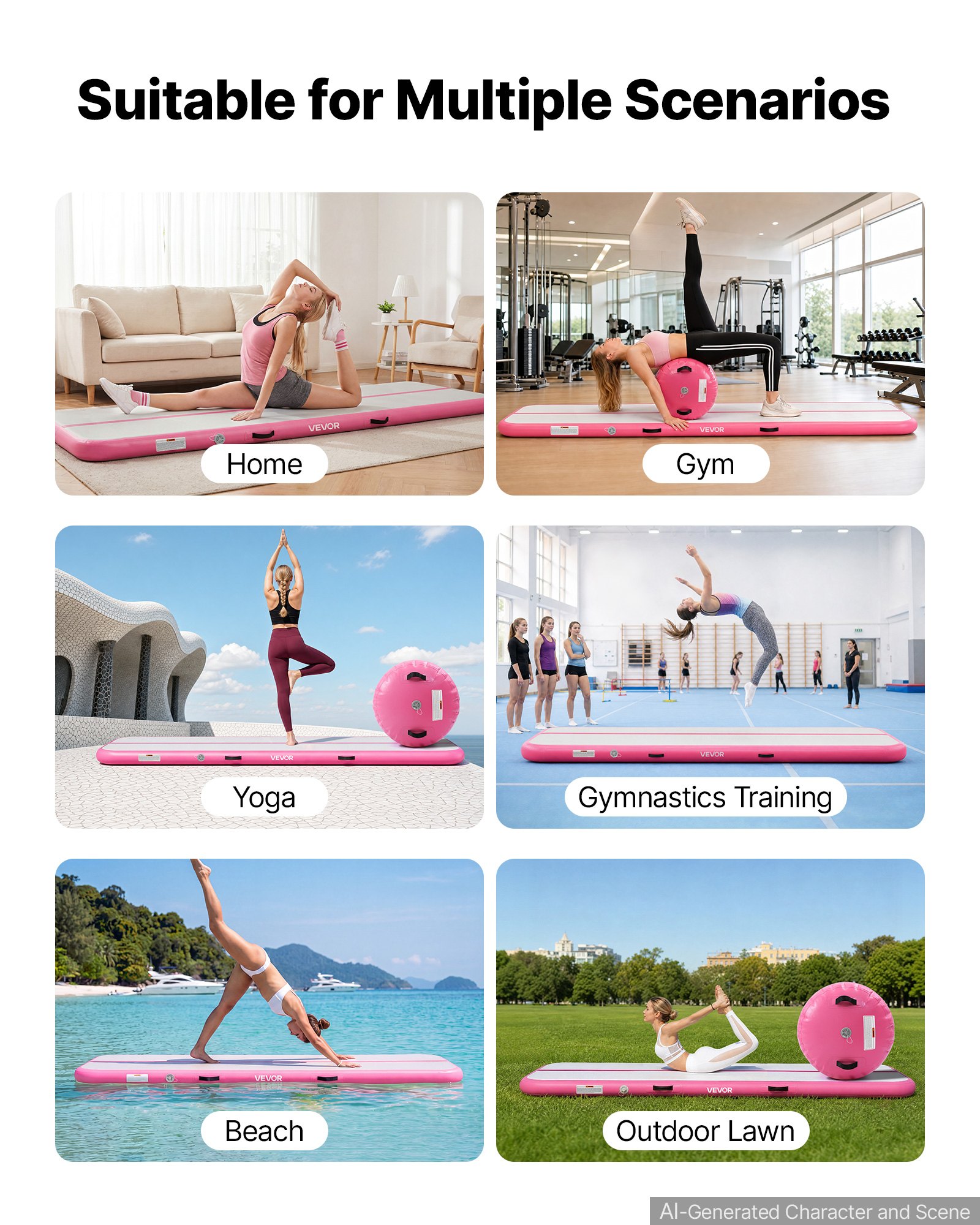 VEVOR Tappetino Gonfiabile Lunghezza 3m con Cilindro per Ginnastica Rosa con Pompa, Barile 60x100cm, Attrezzatura per Esercizio Fisico, Danza Artistica, Acrobazie, per Soggiorno, Palestra, Giardino