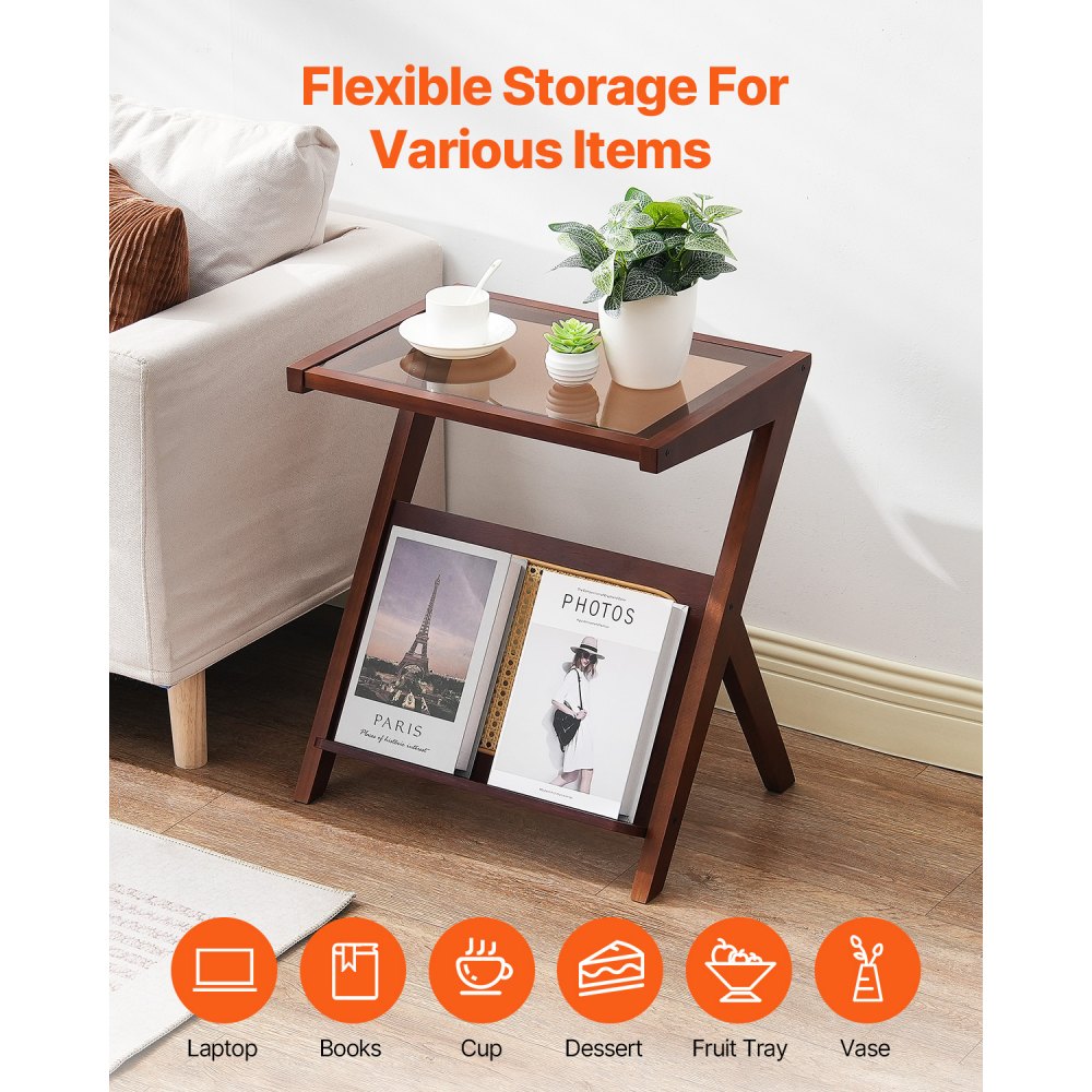 VEVOR Tavolino in Rattan di Bambù Intrecciato a Forma di Z con Piano in Vetro Temperato, Tavolino Boho Moderno da 500 mm con Contenitore e Gambe in Bambù Naturale per Soggiorno, Camera da Letto
