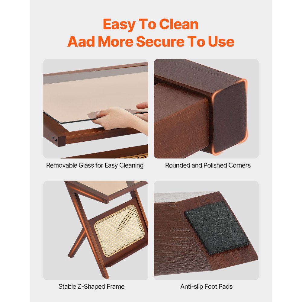 VEVOR Tavolino in Rattan di Bambù Intrecciato a Forma di Z con Piano in Vetro Temperato, Tavolino Boho Moderno da 500 mm con Contenitore e Gambe in Bambù Naturale per Soggiorno, Camera da Letto