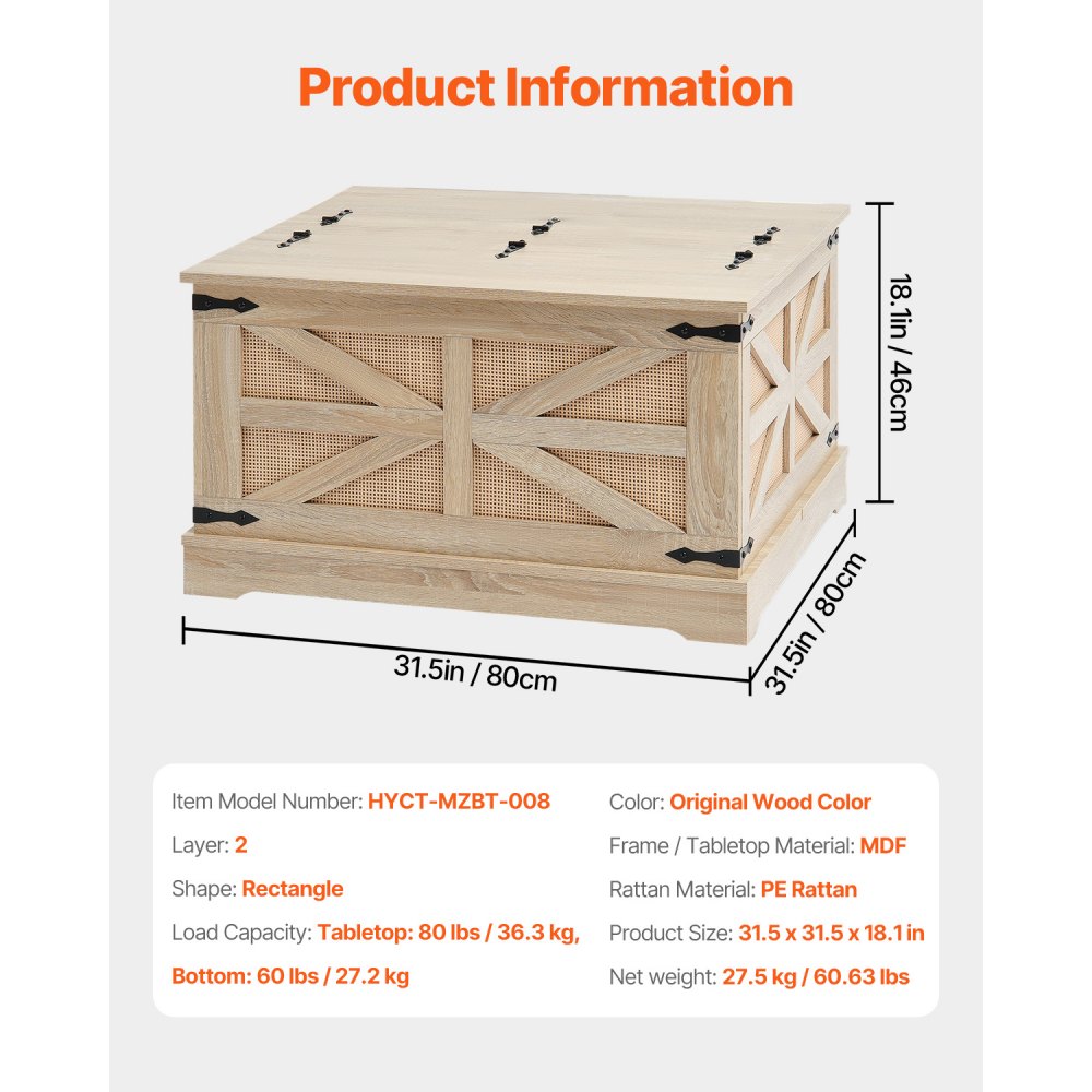 VEVOR Tavolino in Rattan Tavolino Rettangolare in Legno di Vimini Rattan PE con Piano in MDF, Tavolino Moderno in Stile Boho 32 Pollici con Portaoggetti, Mobiletto per Soggiorno, Camera da Letto